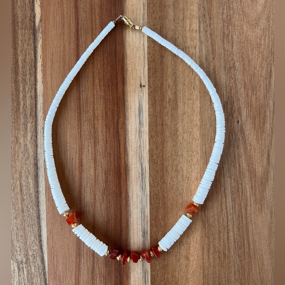 Graduated Shell Heishi Bead Necklace with Amber Chip Beads
